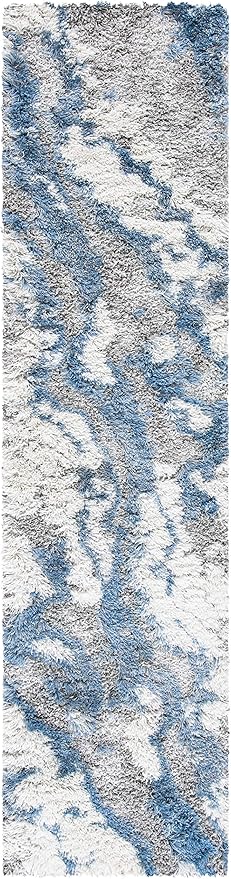 SAFAVIEH Horizon Shag Collection Runner Rug - 2' x 17', Grey & Blue, Modern Abstract Design, Non-Shedding & Easy Care, 2-inch Thick Ideal for High Traffic Areas in Living Room, Bedroom (HZN890G)