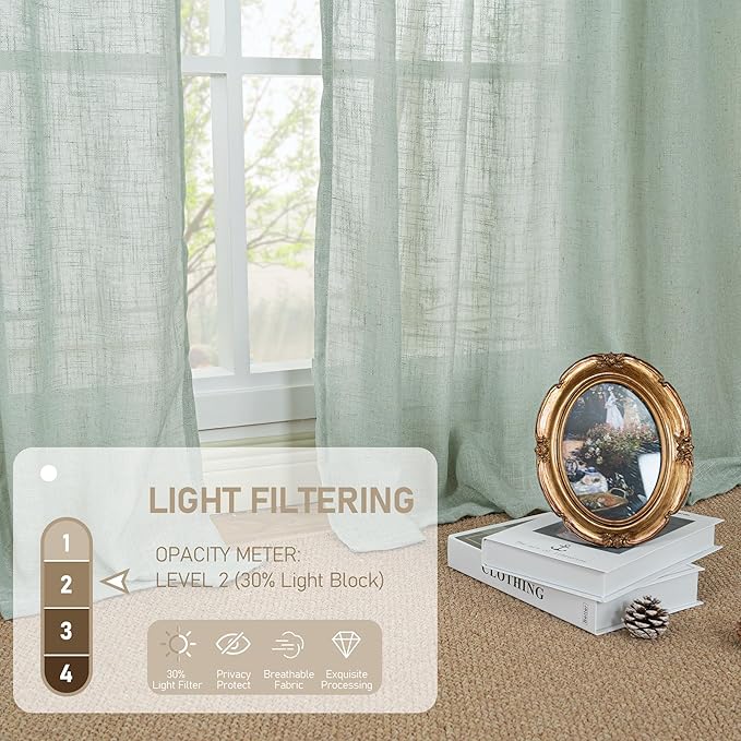 LAMIT Semi Sheer Linen Curtains 54 Inch Length 2 Panels, Light Sage Light Filtering Panels Back Tab and Rod Pocket Neutral Drapes for Kitchen/Window/Dining Room, 52 x 54 Inch