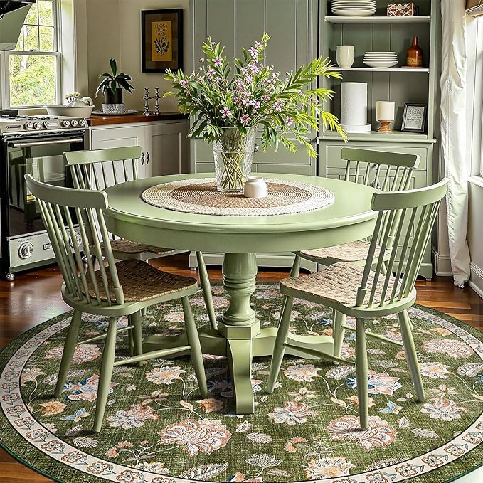 jinchan Elora 8ft Floral Round Rug for Washable Living Room Rug Vintage Romance Christmas Design Non Slip Indoor Floor Cover Lightweight Low-Profile Throw Carpet for Bedroom Porch Patio, Green