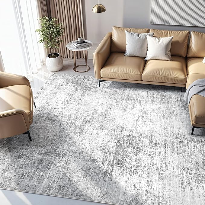 Abstract Living Room Rug 10x14 - Modern Washable Soft Thin Area Rug for Living Room Bedroom Under Dining Table - Neutral Indoor Floor Rug Carpets for Home Office Playroom Nursery - Grey White