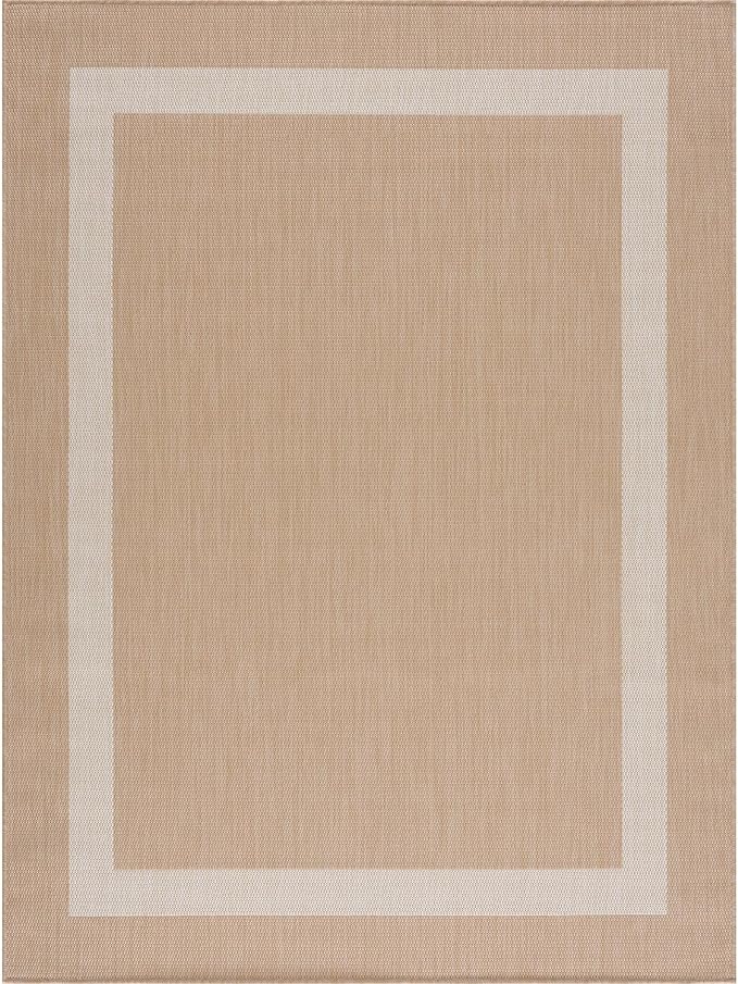 CAMILSON Outdoor Rug 5x7, Modern Outside Rugs for Patios Porches Waterproof Durable Washable Non-Shedding, Easy-to-Clean Indoor Outdoor Area Carpet (5 x 7, Bordered - Beige/White)
