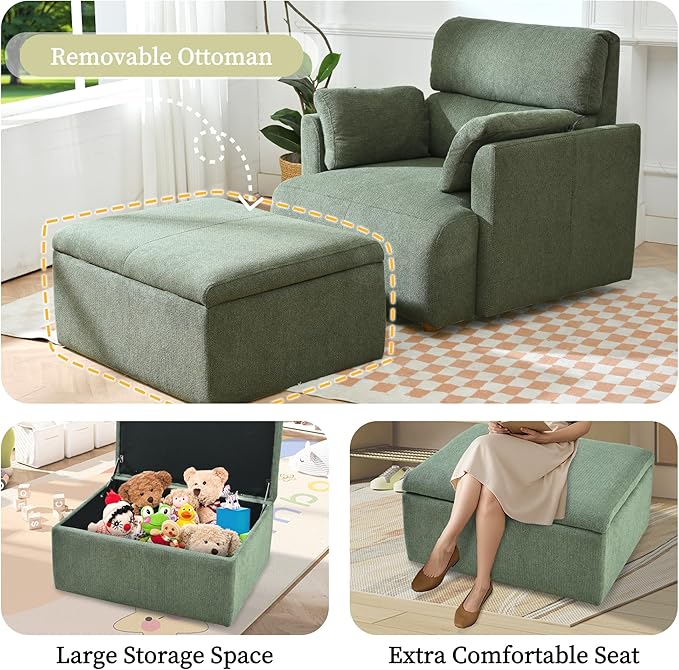 Modern Oversized Accent Chair with Storage Ottoman & Side Pillows, Snowflake Fleece Upholstered Chaise Lounge Chair, Deep Seat Reading Chair for Living Room, 350lbs Capacity