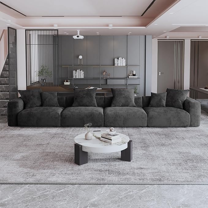 JACH 181" Oversized Corduroy Sectional Couch, Deep 4-Seats Sectional Sofa, Huge Plus Convertible Soft Sofas, Minimalist Modular Couches for Living Room, Office, Apartment, Black