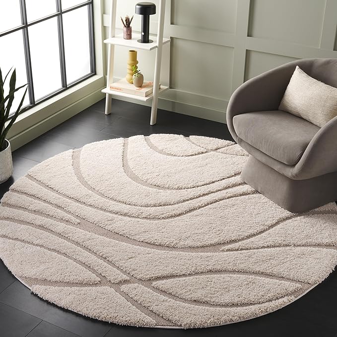 SAFAVIEH Florida Shag Collection Area Rug - 3' Round, Cream & Beige, Non-Shedding & Easy Care, 1.2-inch Thick, Ideal for The Living Room, Dining, Bedroom (SG471)