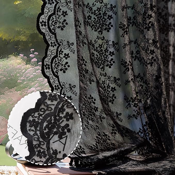 Anmao Vintage Lace Curtains 45 Inches Long 2 Panels Set, Romantic Elegant Light Filtering Semi Sheer Floral Thick Lacy Curtain Drapes for Living Room and Bedroom, Each Panel 55W x 45L, Black