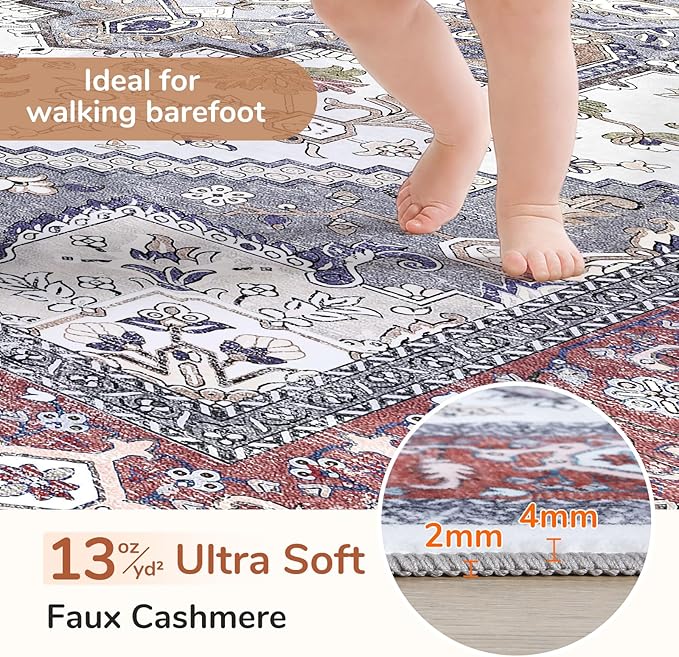 OPPODREAM Thin Throw Rugs 2x3, Small Washable Entryway Rugs 2 x 3 with Non Slip Backing, Low-Pile Faux Cashmere 2 x 3 Carpet, Red & Grey