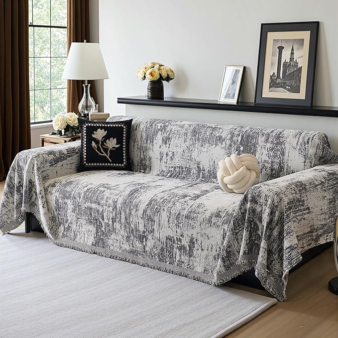 MEETSKY Boho Couch Cover for 2 Cushion Couch Sofa, Chenille Sofa Cover for Sectional Sofa, Modern Khaki Abstract Jacquard Sofa Covers Washable Sofa Slipcover for Pets Friendly, 91" X118", Deep Grey