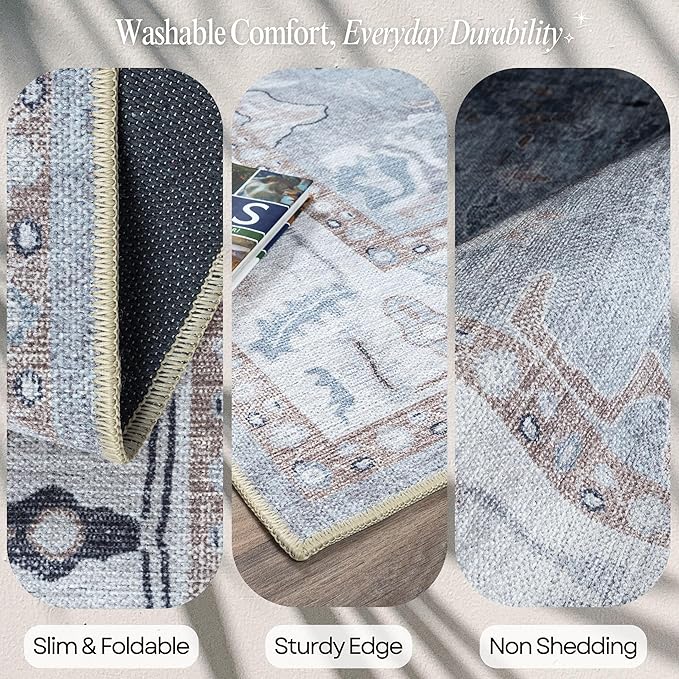 Fame Rugs Gray Modern Oushak Rug 2'6"x7', Washable Vintage Turkish Colorful Oriental Antique Inspired Foldable Small Runner Rugs, Luxury Living Room Bedroom (Gbeige, 2'6" x 7')