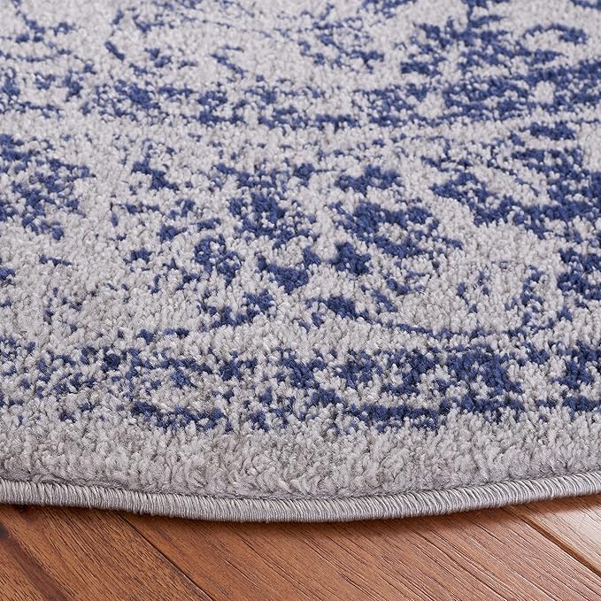 SAFAVIEH Adirondack Collection Area Rug - 4' Round, Grey & Navy, Distressed Vintage Floral Design, Non-Shedding & Easy to Clean, Ideal for Living Room, Bedroom, Dining Space (ADR109P)