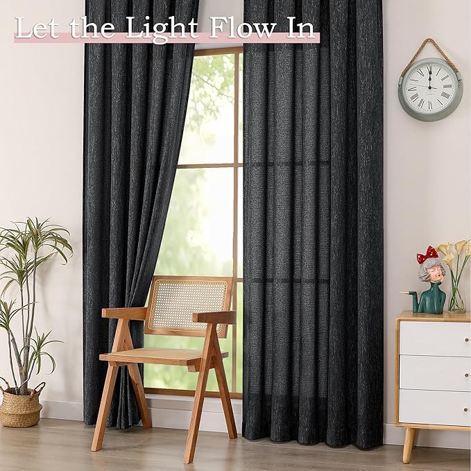 Simplebrand Black Faux Linen Textured Semi Sheer Curtains 72 Inches Long 2 Panels Set, Light Filtering Privacy Farmhouse Curtains, Soft Window Drapes Rod Pocket Top for French Door, Bedroom, 40W x 72L