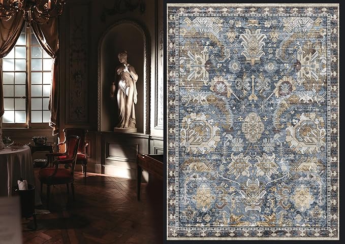 RUGSURE Washable Area Rugs - Perfect for Living Room, Bedroom, Kids Room, Nursery - Stain & Water Resistant Non-Slip, Pet & Child Friendly, Vintage Tribal Area Rugs (Navy, 4' x 6')