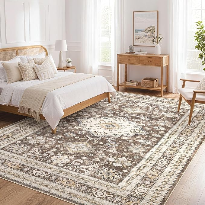 Vintage Living Room Area Rug 10x12 - Large Soft Washable Oriental Traditional Distressed Farmhouse Rugs for Bedroom - Indoor Floor Accent Carpet for Home Office House Decor - Dark Brown
