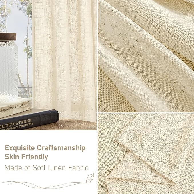LAMIT Linen Curtains 63 Inch for Bedroom, Light Filtering Neutral Semi Sheer Window Curtains Back Tab and Rod Pocket Panels for Living Room, 2 Panels, Beige, 60 x 63 Inch