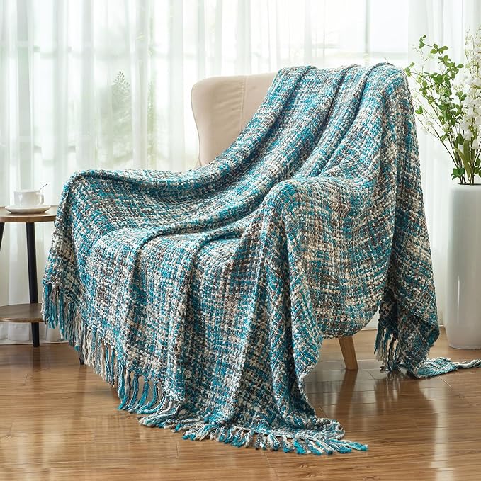 Multi-Color Teal Cable Knitted Throw Blanket for Couch,60"X80" Boho Style Textured Blankets for Home Decor,Super Soft Warm Cozy Chunky Knit Blanket with Decorative Tassels for Bed and Sofa