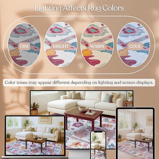 Fame Living Pink Oushak Rug, Modern, Vintage, Turkish, Eclectic, Floral, Pastel, Washable, Area Rugs for Living Room, Dining, Bedroom, Office, Entryway, Foyer, Playroom, Nursery, 5'x6'9"