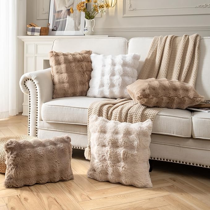 Pack of 2 Thick Plush Throw Pillow Covers Fluffy Wave Faux Fur Decorative Cushion Covers Soft Wool Pillowcase for Sofa Couch Livingroom 16x16 Inch Beige