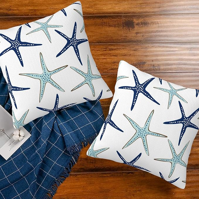 Throw Pillow Covers Nautical Starfish Pillow Covers 20x20 Inch Set of 2 Navy Blue and Turquoise Sea Stars Throw Pillows Decorative Pillow Cases Cushion Covers for Bedroom Livingroom
