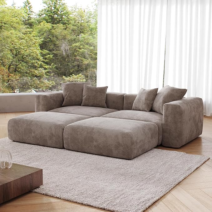 JACH Sectional Couches for Living Room, Modern Modular Sectional Couch with Chaise Ottomans, Cushion Covers Removable, Corduroy Sofa Bed for Living Room, Apartment, Office (Light Brown)