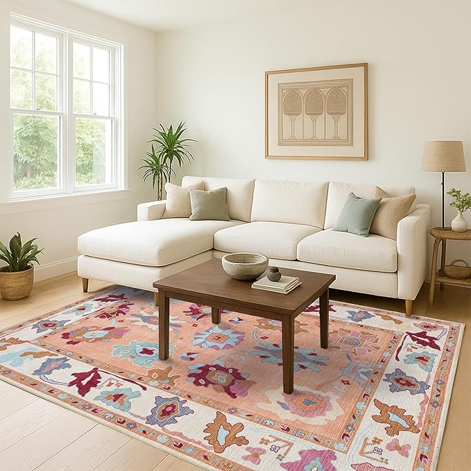 Fame Living Orange Oushak Rug, Modern Small Rugs, Vintage, Turkish, Eclectic, Floral, Pastel, Washable, Door mat, Doormat for Indoor Entrance, Entryway, Kitchen, Bathroom, Bedroom, Laundry, 2'x3'