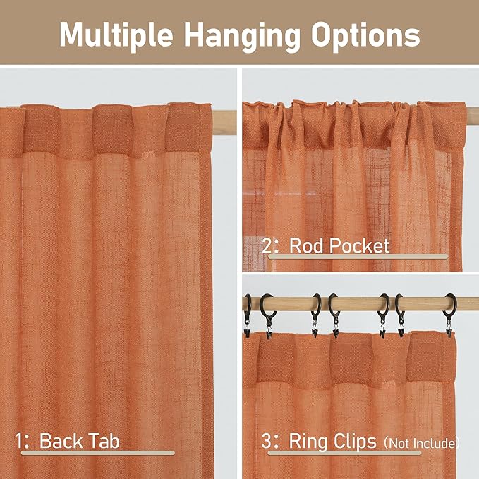 LAMIT Burnt Orange 78 inch Linen Curtains for Living Room 2 Panels, Linen Textured Light Filtering Semi Sheer Back Tab and Rod Pocket Panels for Bedroom/Farmhouse, 52 x 78 Inch