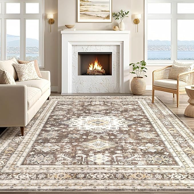 Vintage Living Room Area Rug 10x12 - Large Soft Washable Oriental Traditional Distressed Farmhouse Rugs for Bedroom - Indoor Floor Accent Carpet for Home Office House Decor - Dark Brown
