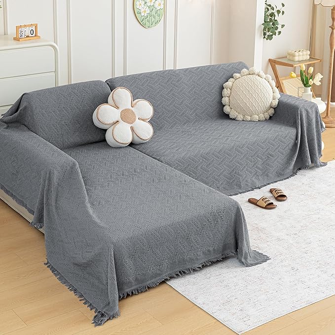 MYSKY HOME Couch Cover for Sectional Sofa, 2 Pieces Couch Covers for L Shape Sofa Geometrical Sofa Slipcovers for 2-3 Cushion Couch Sofa Throws for Pets, Kids (71"x118"+71"x118", Frost Grey)