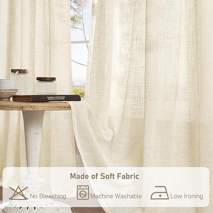 LAMIT Linen Curtains 60 Inch Length 2 Panels, Light Filtering Panels Back Tab and Rod Pocket Neutral Drapes for Bedroom/Window/Living Room, Beige, 34 x 60 Inch
