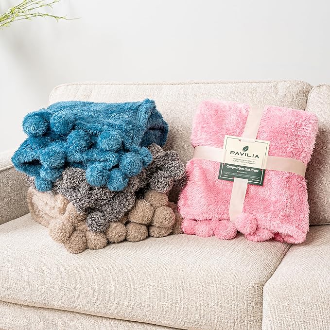 PAVILIA Taupe Sherpa Throw Blanket for Couch, Warm Plush Pom Pom Blanket Throw, Tan Fuzzy Sofa Throw, Lightweight Soft Cozy Fluffy Blanket with Pom Poms, Light Brown, 50x60