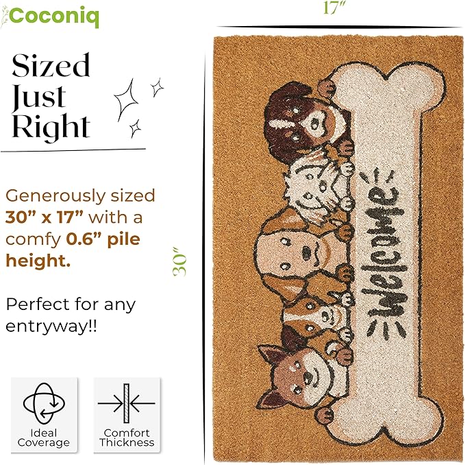 Coir Door Mats 17" X 30", Non-Slip Sturdy, PVC Backed Heavy Duty, Easy to Clean, Ideal for Door Entrance, Patio, Porch, Backyard, Garages, 5 Welcoming Puppies
