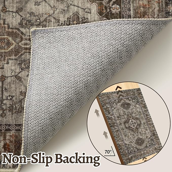Tangsoo Washable Rug 4x6 Area Rug, Oriental Rug Indoor for Living Room, Non Slip Machine Washable Large Rugs, Soft Print Distressed Grey Carpet for Bedroom Dining Room Dorm Office