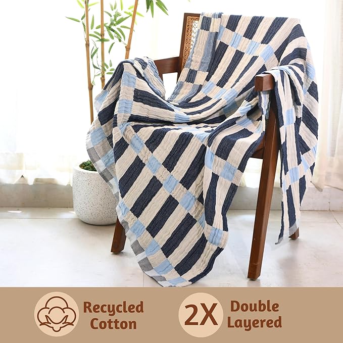 Folkulture Throw Blanket for Couch 50" x 60" |100% Recycled Cotton Couch Christmas Throw Blanket for Chair, Boho Throws Blankets for Bed,Sofa, Lightweight |Guest Room Must Haves Blanket | Winter Blue