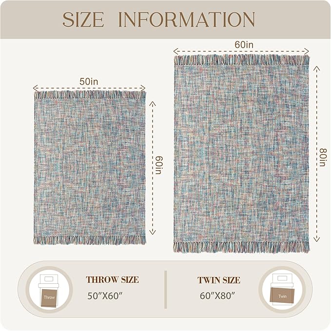 Multi-Color Pink Blue Cable Knitted Throw Blanket for Couch,50"X60" Boho Style Textured Blankets for Home Decor,Super Soft Warm Cozy Chunky Knit Blanket with Decorative Tassels for Bed