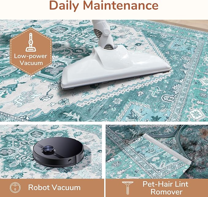 OPPODREAM Thin 8x10 Area Rugs, Washable Rugs 8x10 with Non Slip Backing, Faux Cashmere Low-Pile 8 x 10 Carpet, Teal & Turquoise & Cream