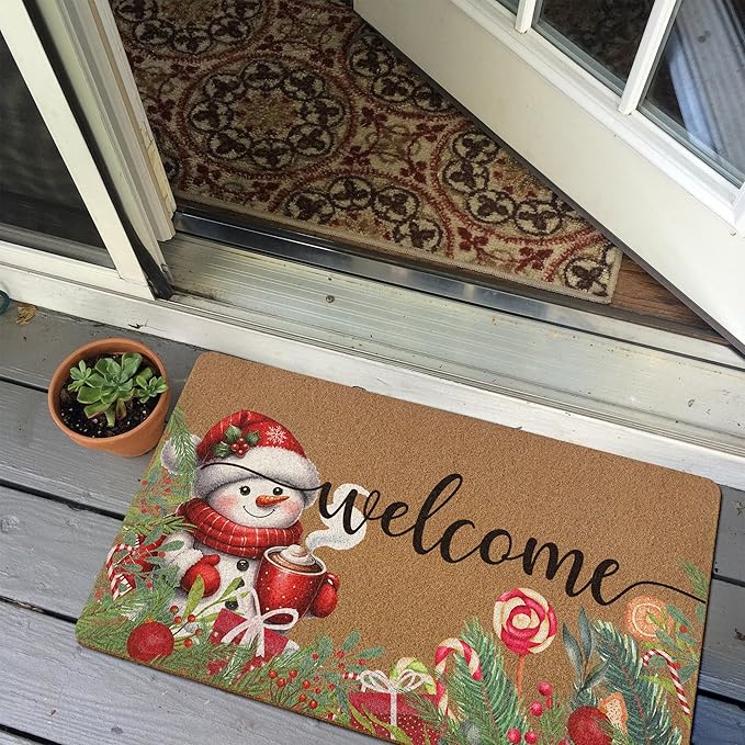 Christmas Snowman Door Mat, Winter Welcome Doormat, Christmas Holiday Welcome Front Door Mat Indoor Outdoor Entrance, Xmas Botanical Artificial Coir Doormats Rugs for Porch Entryway 30x17in