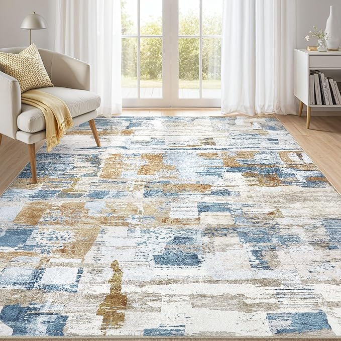 Abstract Living Room Rug 5x7 - Modern Washable Soft Thin Area Rug for Living Room Bedroom Under Dining Table - Neutral Indoor Floor Rug Carpets for Home Office Playroom Nursery - Blue Gold
