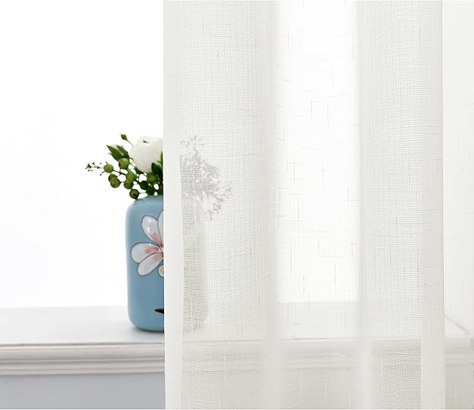 Sheer Curtains Faux Linen Semi Voile Light Filtering Drapes Pair for Bedroom Living Room, Set of 2 Grommet Top Window Curtain Panels (Each 54 x 63 Inch, Off White)