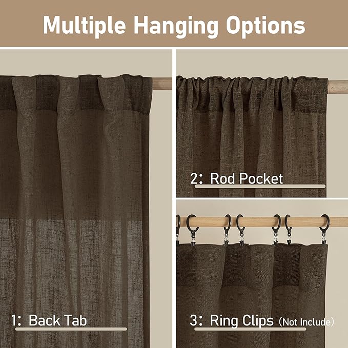 LAMIT Dark Brown Linen Curtains 54 Inch Length 2 Panels, Light Filtering Panels Back Tab and Rod Pocket Neutral Drapes for Bathroom/Window/Bedroom, 52 x 54 Inch