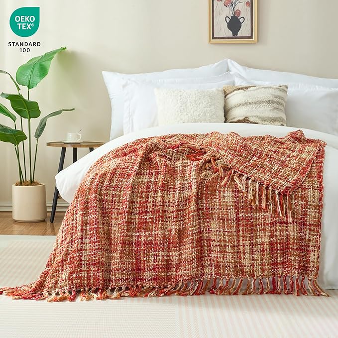 Multi-Color Dark Red Cable Knitted Throw Blanket for Couch,50"X60" Boho Style Textured Blankets for Home Decor,Super Soft Warm Cozy Chunky Knit Blanket with Decorative Tassels for Bed