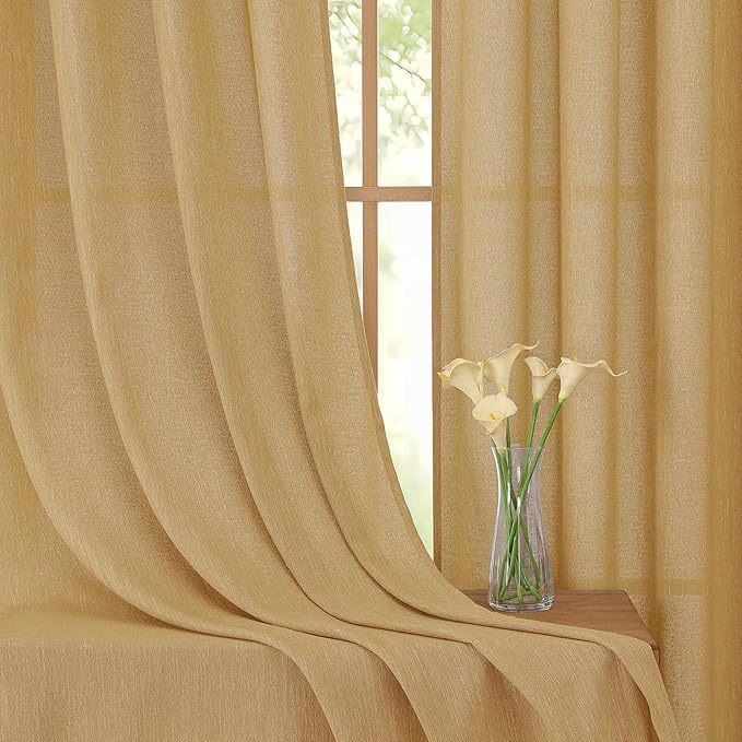 Simplebrand Gold Faux Linen Textured Semi Sheer Curtains 108 Inches Long 2 Panels for Living Room, Privacy Extra Long Light Filtering Farmhouse Thick Window Drapes for Large Window, 50 x 108 Inch
