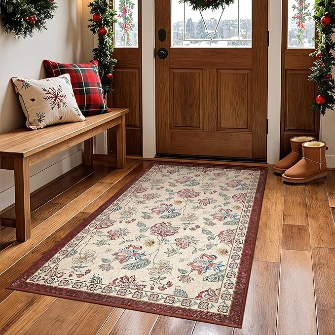 jinchan Elora 3x5 Floral Rug for Entryway Washable Rug Vintage Romance Design Christmas Small Mat Non Slip Indoor Doormat Lightweight Low-Profile Throw Carpet for Bathroom Laundry Room, Red/Beige