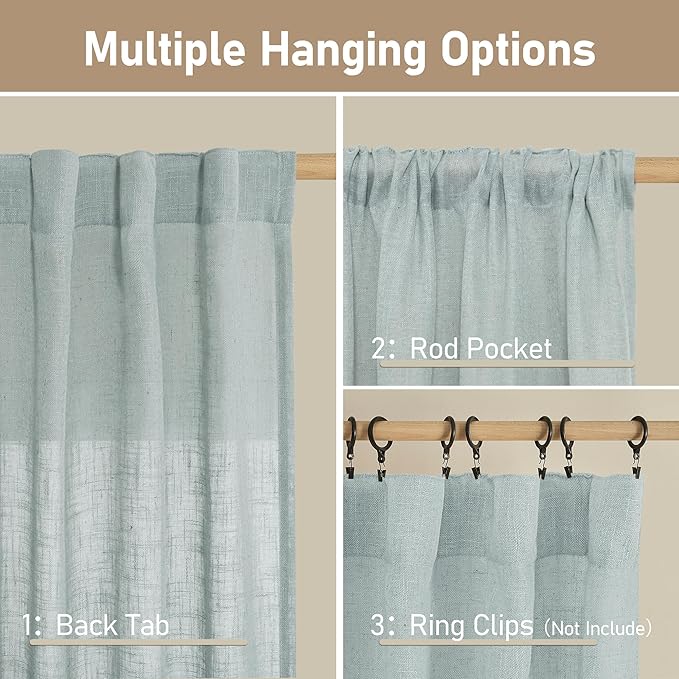 LAMIT Linen Curtains 60 Inch Length 2 Panels, Light Filtering Panels Back Tab and Rod Pocket Neutral Drapes for Bedroom/Window/Living Room, Greyish Blue, 34 x 60 Inch