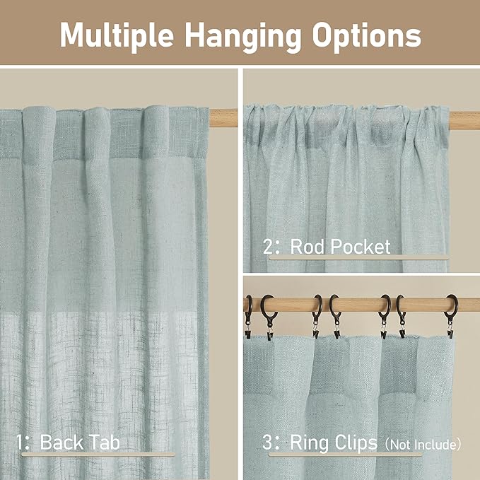 LAMIT Short Linen Window Curtains 30 Inches Long 2 Panels, Greyish Blue Semi Sheer Light Filtering Panels Back Tab and Rod Pocket Neutral Drapes for Basement/Small Windows, 34 x 30 Inch