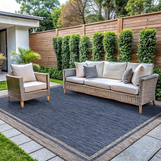 CAMILSON Indoor Outdoor Rug, 10x14 Bordered Navy Blue Gray Modern Large Area Rugs for Indoor and Outdoor Patios, Porches Waterproof Washable Porch Deck Outside Carpet (Bordered Navy, 10 x 14)