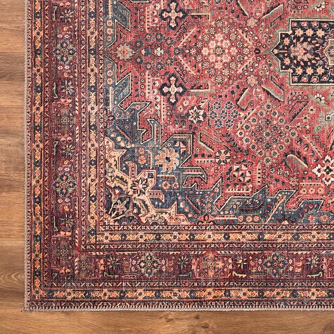 Bloom Rugs Washable Non-Slip 9' x 12' Rug - Red/Teal Blue/Yellow Traditional Medallion Area Rug for Living Room, Bedroom, Dining Room, and Kitchen - Exact Size: 9' x 12'