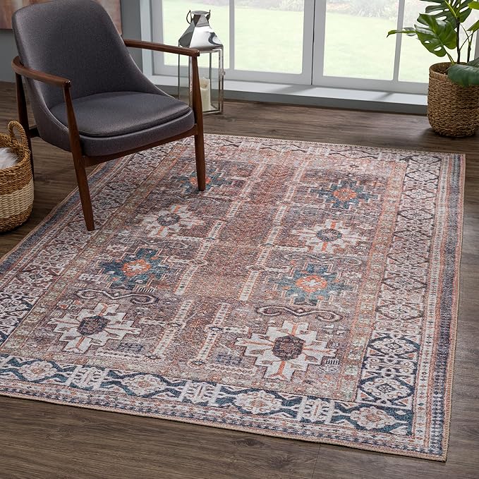 Bloom Rugs Washable 5' x 7' Rug - Brown/Blue/Orange Traditional Area Rug for Living Room, Bedroom, Dining Room, and Kitchen - Exact Size: 5' x 7'