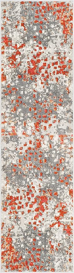 SAFAVIEH Monaco Collection Runner Rug - 2'2" x 14', Grey & Orange, Boho Chic Abstract Watercolor Design, Non-Shedding & Easy Care, Ideal for High Traffic Areas in Living Room, Bedroom (MNC225H)