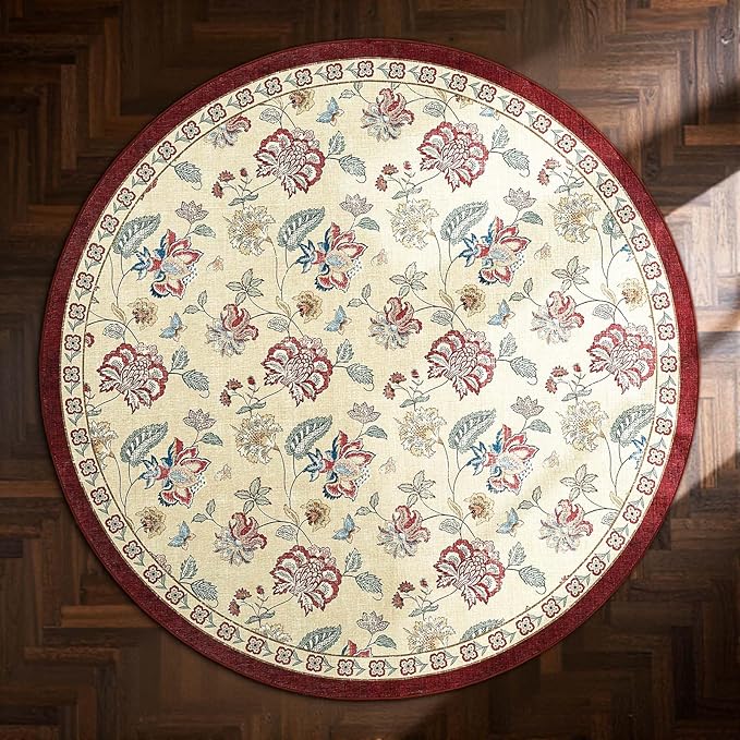 jinchan Elora 6ft Floral Round Rug for Washable Living Room Rug Vintage Romance Christmas Design Non Slip Indoor Floor Cover Lightweight Low-Profile Throw Carpet for Bedroom Porch, Red/Beige