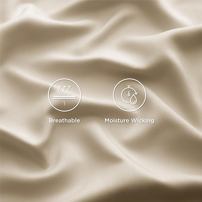 Bedsure California King Sheet Sets, Cooling Sheets for Hot Sleepers, Rayon Derived from Bamboo, Deep Pocket Up to 16 Inches, Breathable & Soft, Hotel Luxury Silky Bedding, Beige
