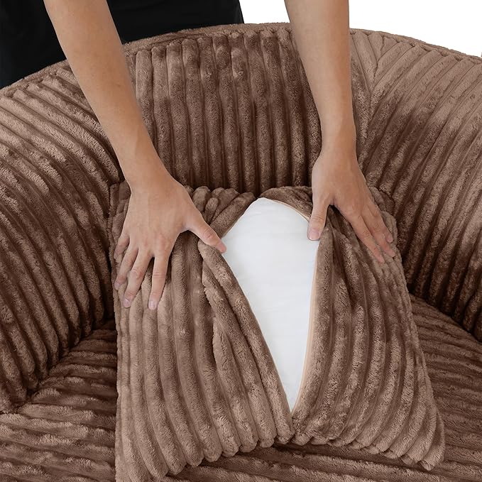JACH Oversized Round Lazy Sofa Chair with Three Pillows, 50" Corduroy Deep Seat Single Sleeper Sofas, Upholstered Chaise, Cloud Couch for Living Room, Apartment, Light Brown