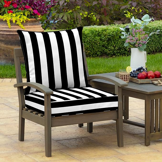 Arden Outdoor Deep Seat Cushion Set, 24 in x 24 in, Weather-Proof, Rain-Proof, Fade Resistant Patio Cushion for Chair, Sofa, and Couch Black Cabana Stripe
